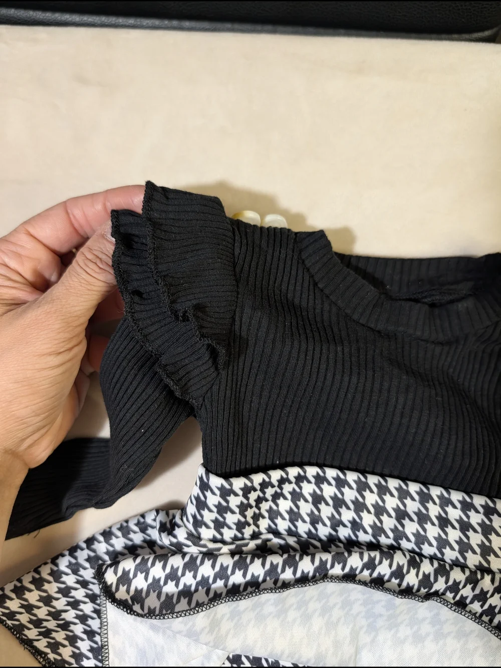 Black Ribbed Long Sleeve Bodysuit with Houndstooth Skirt